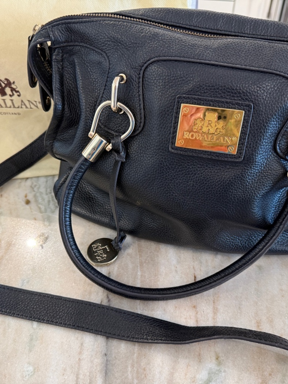 Rowallan Black Leather Shoulder Satchel with Gold Plate